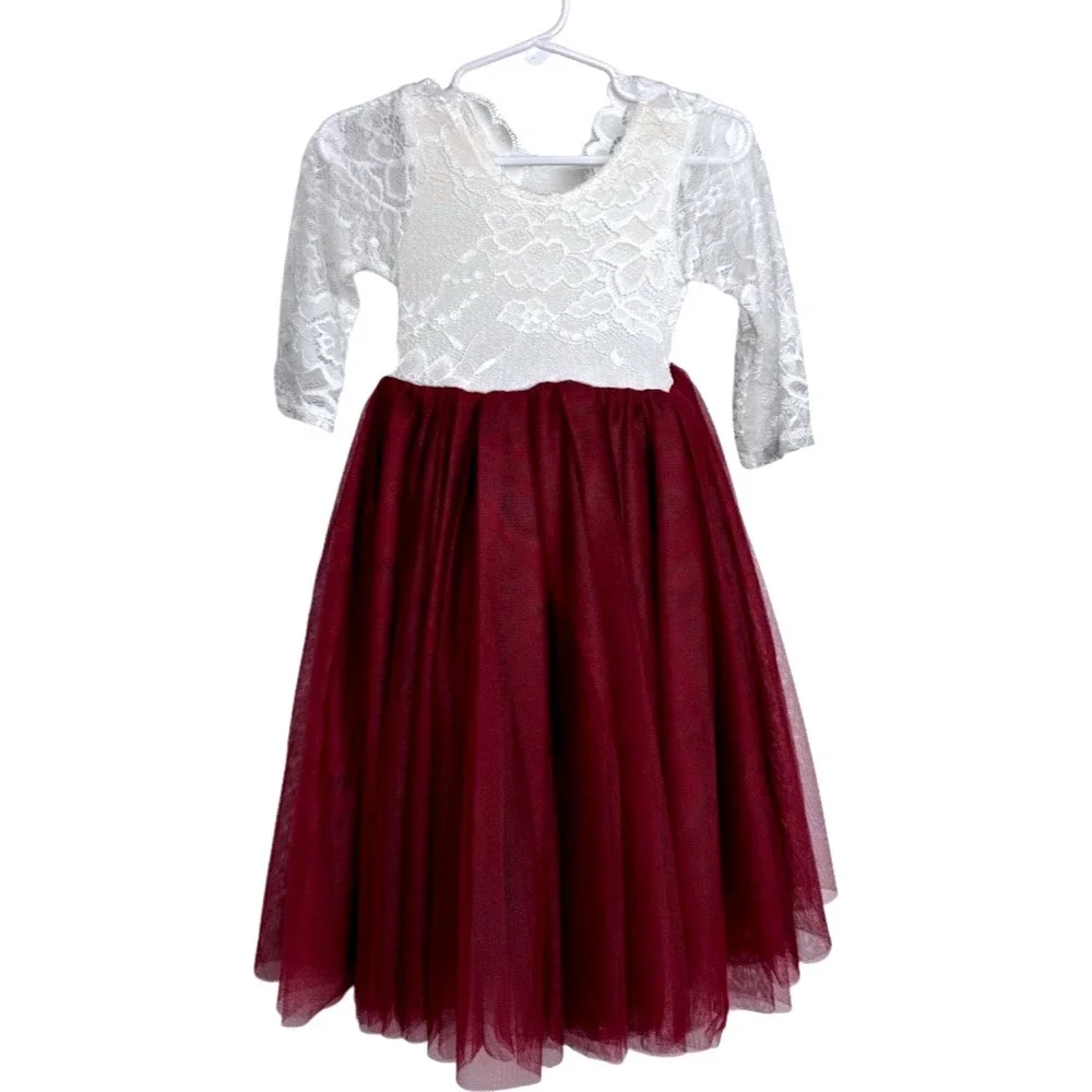 2Bunnies Lace Toddler Girl 2T Dress Burgundy Tulle Flower Girl Special‎ Occasion